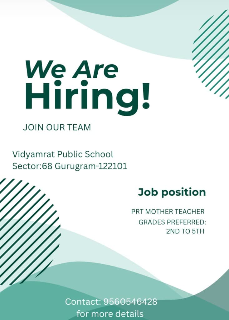 Vidyamrat Public School hiring poster — PRT Mother Teacher for Grades 2nd to 5th. Contact 9560546428.
